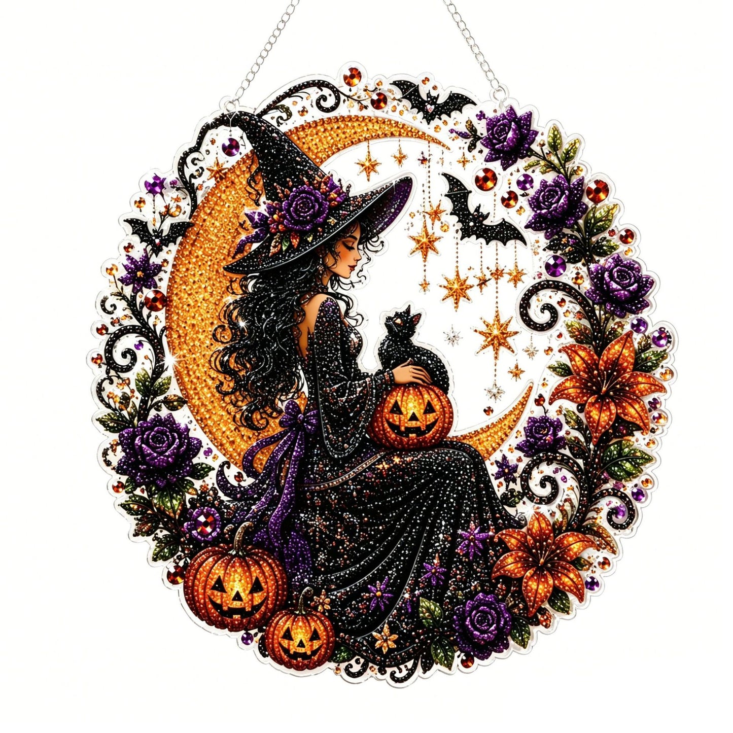 Black Cat Moon Diamond Art Hanging Ornament Kit – Relaxing DIY Halloween Craft