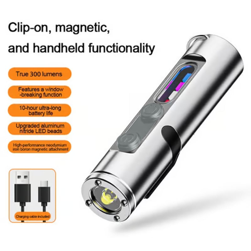 š¦Pocket Rechargeable EDC Flashlight: Mini Keychain Light with Fire Starter & Window Breaker