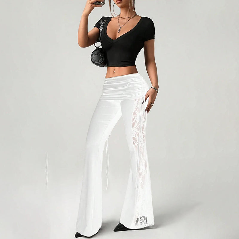 👖Women's Ruched Lace Flare Pants – Stretchy, Slimming, Elegant 💃✨