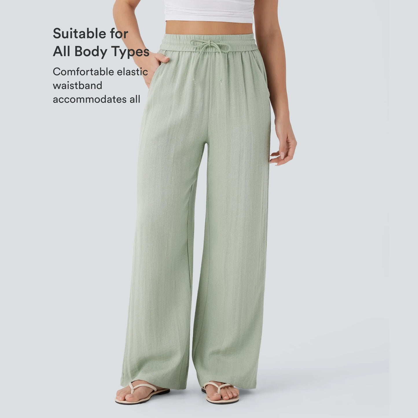 High Waisted Drawstring Wide Leg Casual Pants