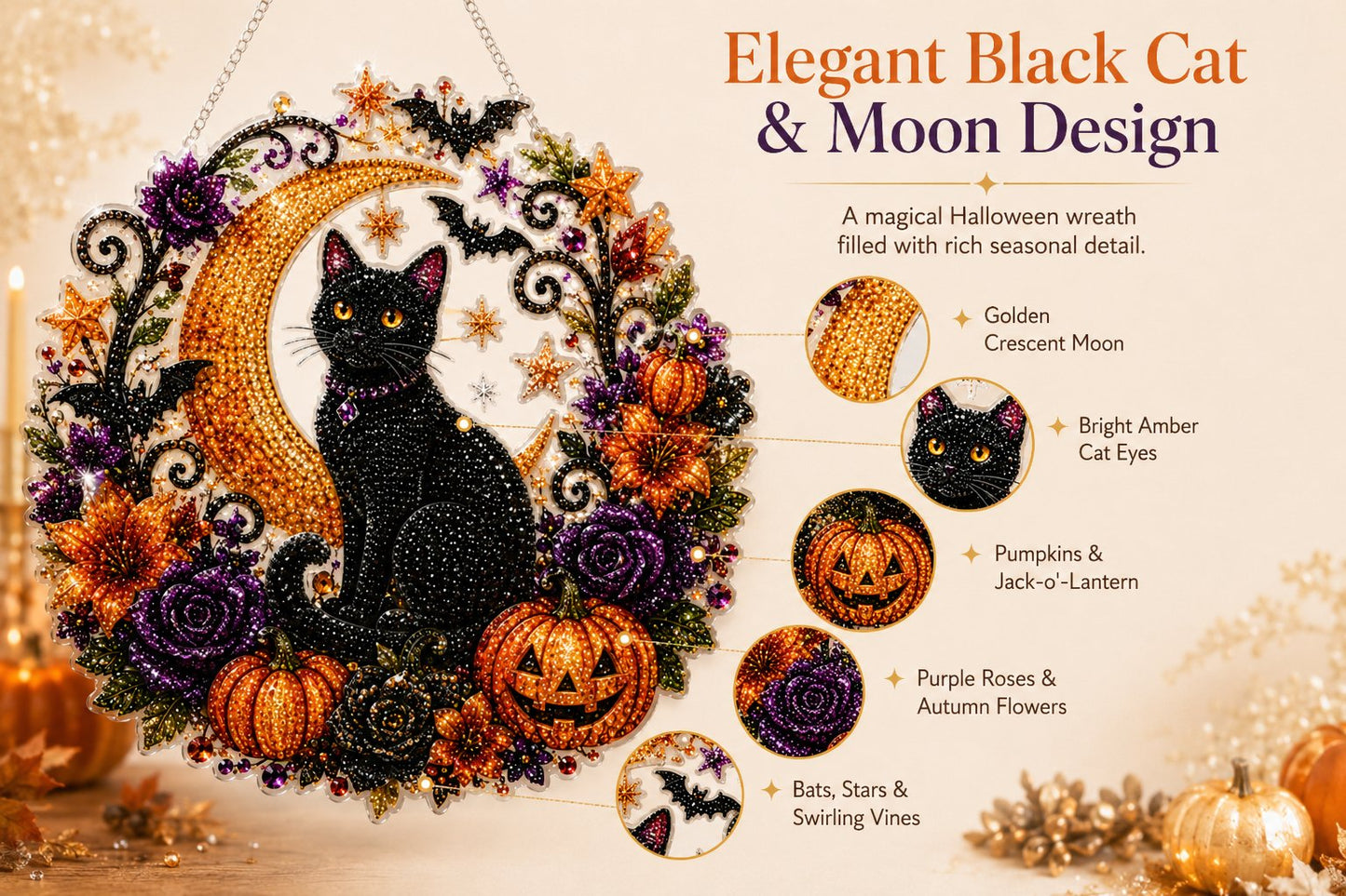 Black Cat Moon Diamond Art Hanging Ornament Kit – Relaxing DIY Halloween Craft