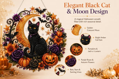 Black Cat Moon Diamond Art Hanging Ornament Kit – Relaxing DIY Halloween Craft