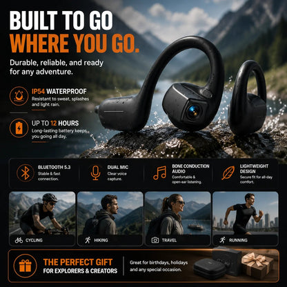 🔥🎧 8MP Smart Camera Open-Ear Headset – POV Video, Calls & AI Assistance 🎥⛺