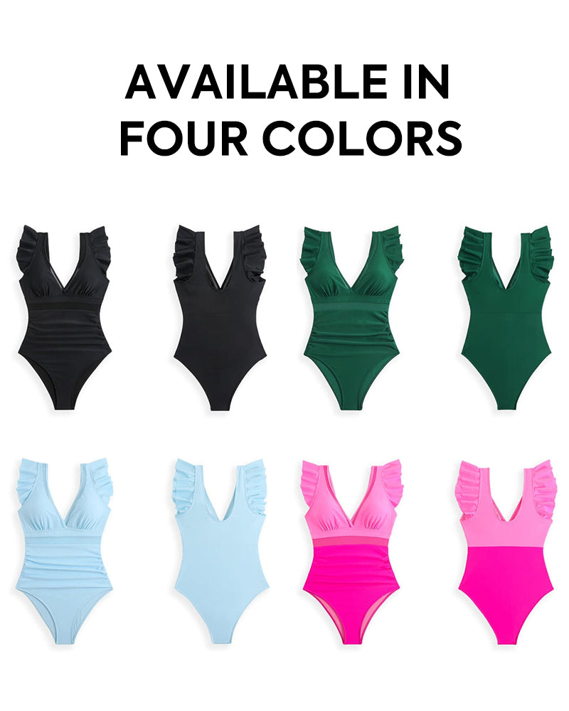Mesh Patchwork Solid Color One Piece Swimsuit