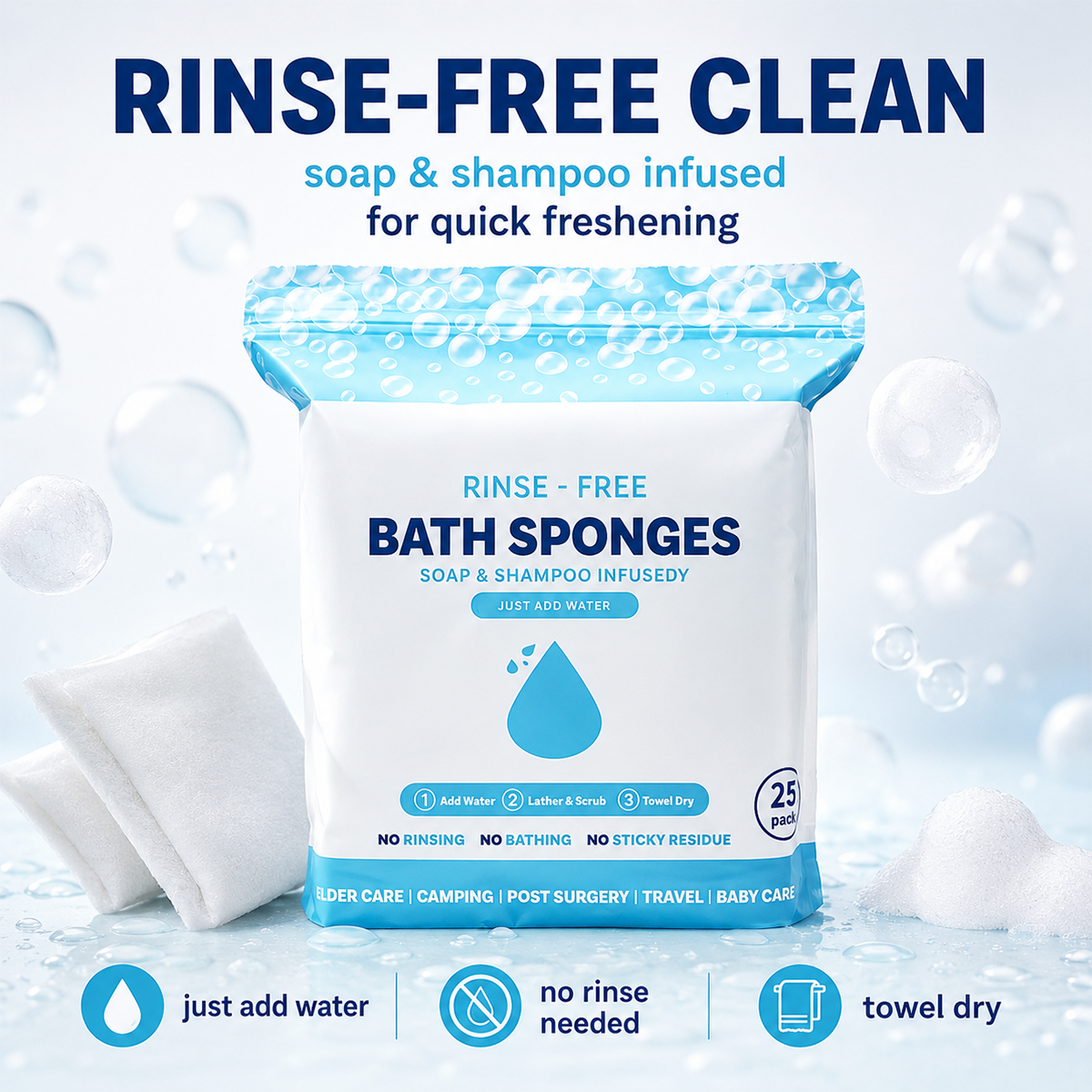 🧼Bathing Sponges - Water-Activated No-Rinse Bathing Sponges