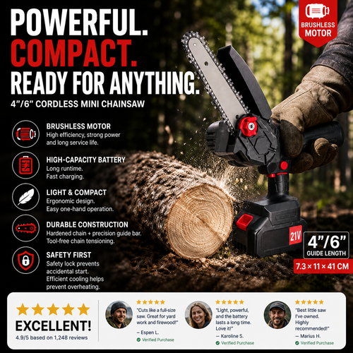 🪓 Brushless portable mini saw—powerful motor, lightweight and ergonomic. 🌳🔋