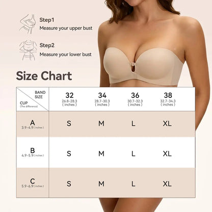 Womens Strapless Front Closure Push Up Bra – Padded Lift Add Cup, Non-Slip Grip Wireless Supportive Seamless Tube Bra for Comfortable Everyday Wear