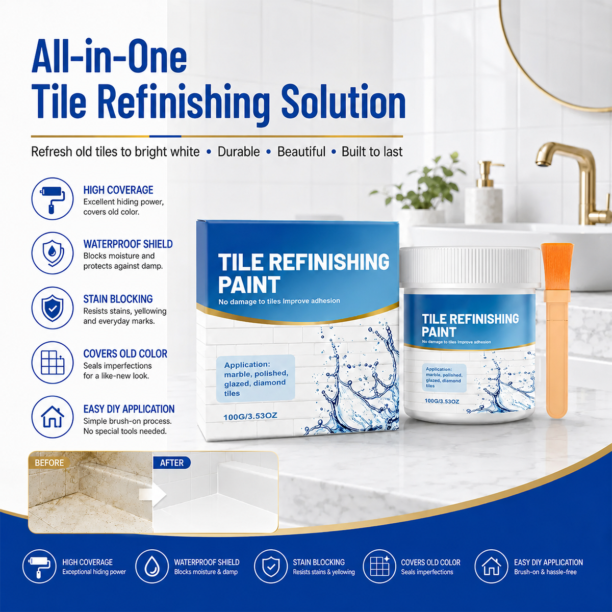 White Tile Refinishing Paint – Waterproof Stain-Blocking DIY Coating for Tiles, Sinks & Toilets