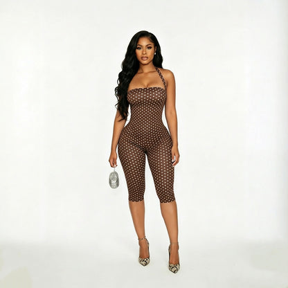 Women’s Polka Dot Halter Jumpsuit – Sleeveless Fitted One-Piece Outfit for Commutes & Date Nights