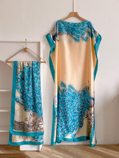 Women's Peacock Print Cape Shawl & Scarf Set – Elegant Beach Swim Cover-Up