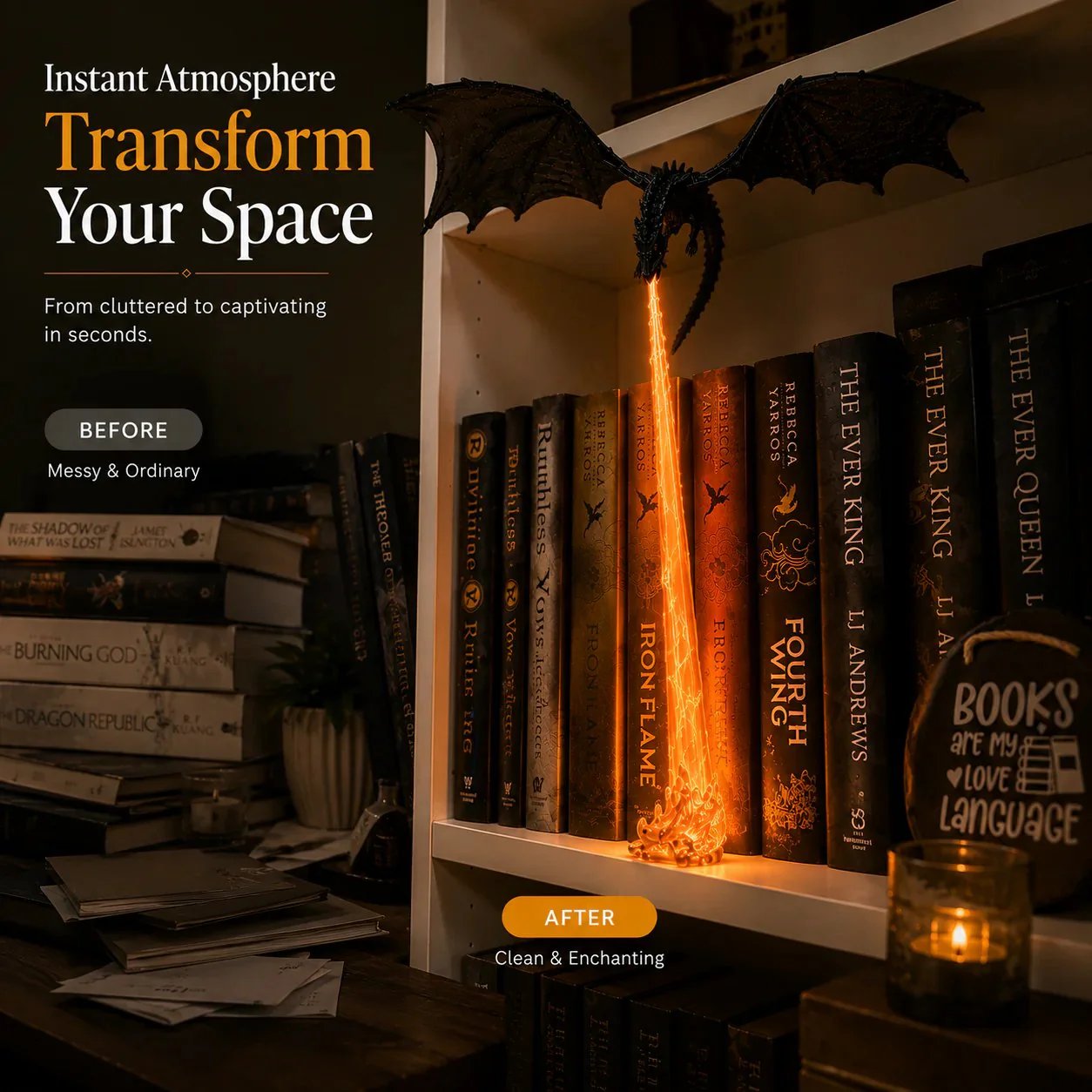 🐉 Fire-Breathing Dragon Bookshelf Decor Lamp