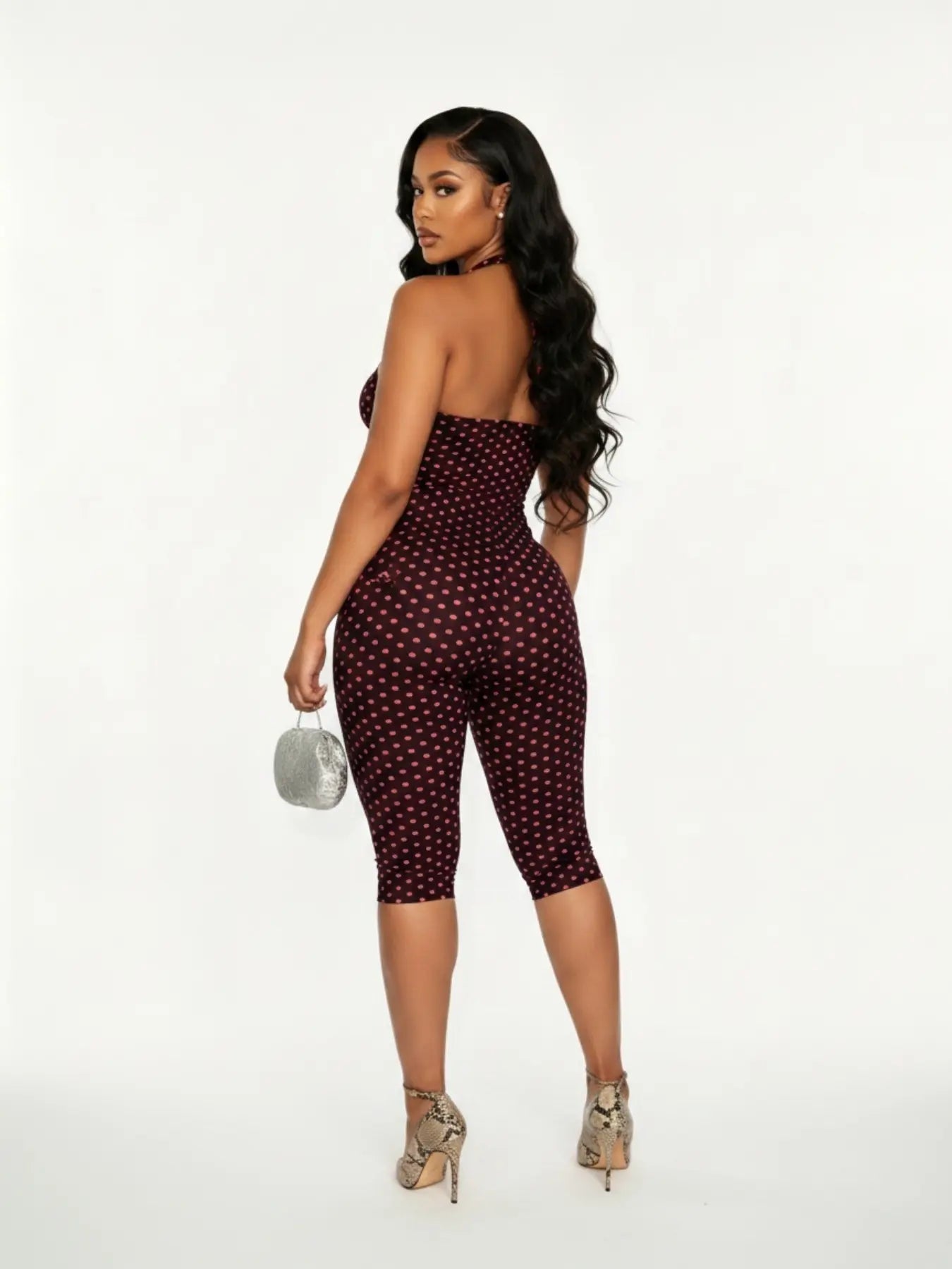 Women’s Polka Dot Halter Jumpsuit – Sleeveless Fitted One-Piece Outfit for Commutes & Date Nights