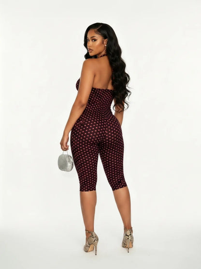 Women’s Polka Dot Halter Jumpsuit – Sleeveless Fitted One-Piece Outfit for Commutes & Date Nights