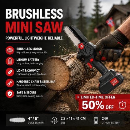 🪓 Brushless portable mini saw—powerful motor, lightweight and ergonomic. 🌳🔋