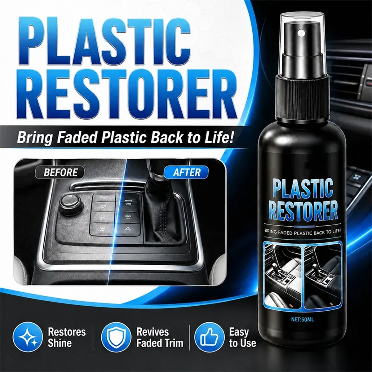 🚗 Car Plastic Restorer Spray | Deep-Look Refresh