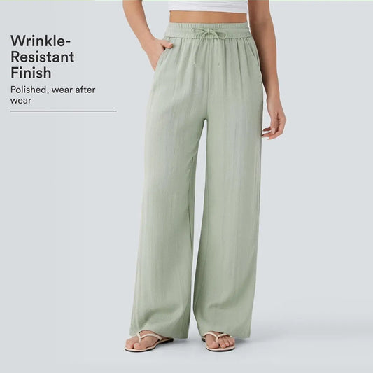High Waisted Drawstring Wide Leg Casual Pants
