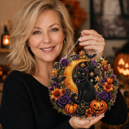 Black Cat Moon Diamond Art Hanging Ornament Kit – Relaxing DIY Halloween Craft