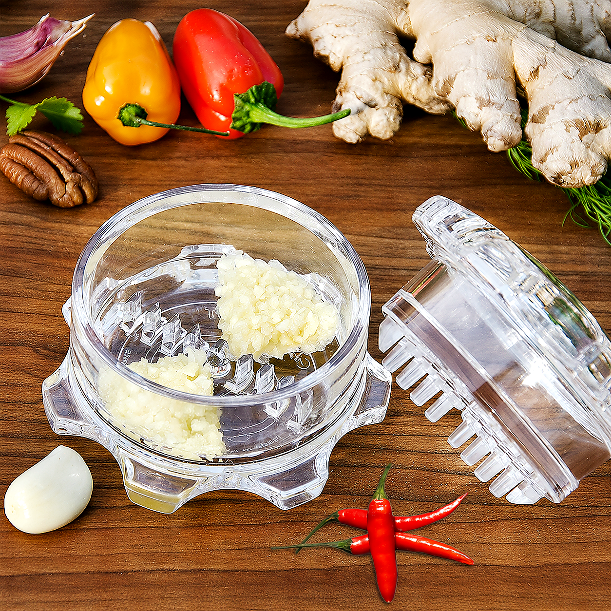 Manual Garlic Press & Peeler Set – Plastic Garlic Crusher with Rolling Peeler for Easy Kitchen Prep