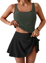 Women Tummy Control Two Piece Bathing Suit High Waisted Tank Top with Swim Skirt 8