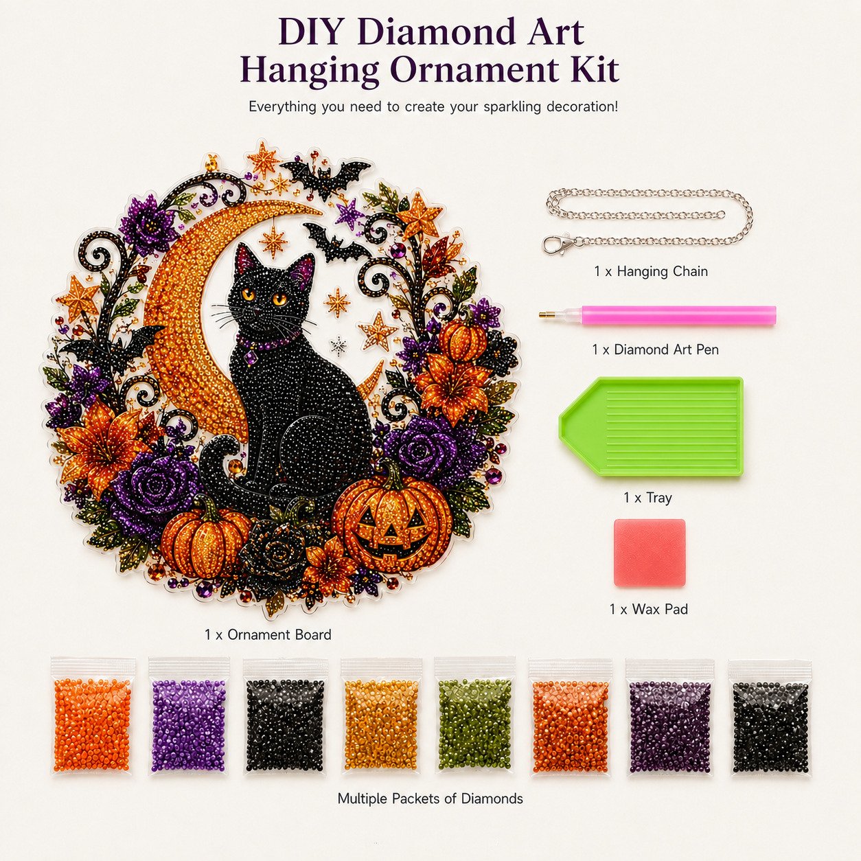 Black Cat Moon Diamond Art Hanging Ornament Kit – Relaxing DIY Halloween Craft