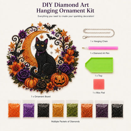 Black Cat Moon Diamond Art Hanging Ornament Kit – Relaxing DIY Halloween Craft