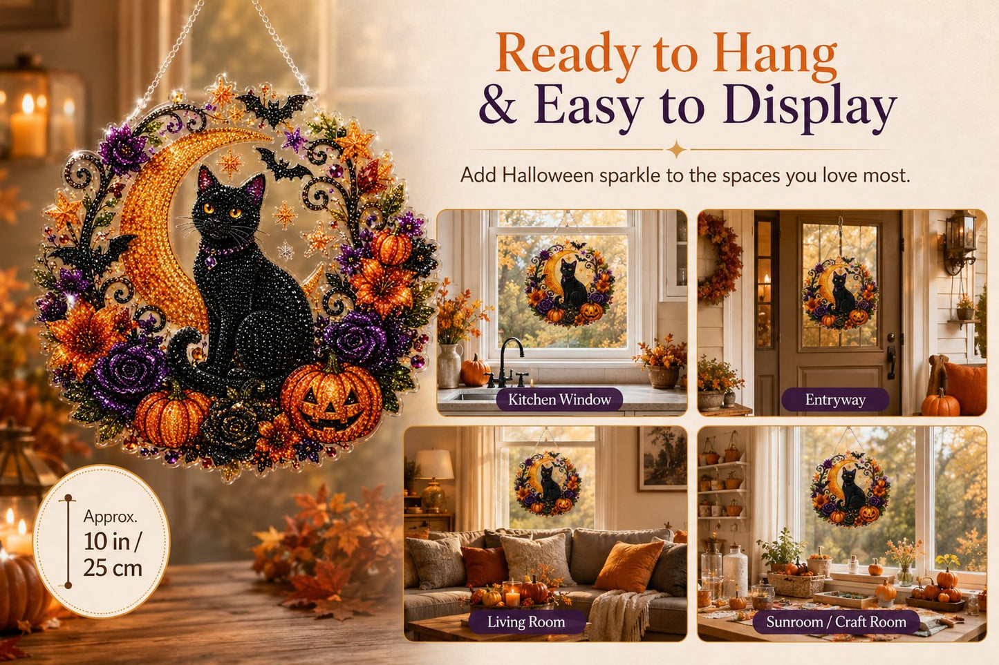 Black Cat Moon Diamond Art Hanging Ornament Kit – Relaxing DIY Halloween Craft