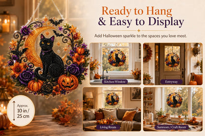 Black Cat Moon Diamond Art Hanging Ornament Kit – Relaxing DIY Halloween Craft