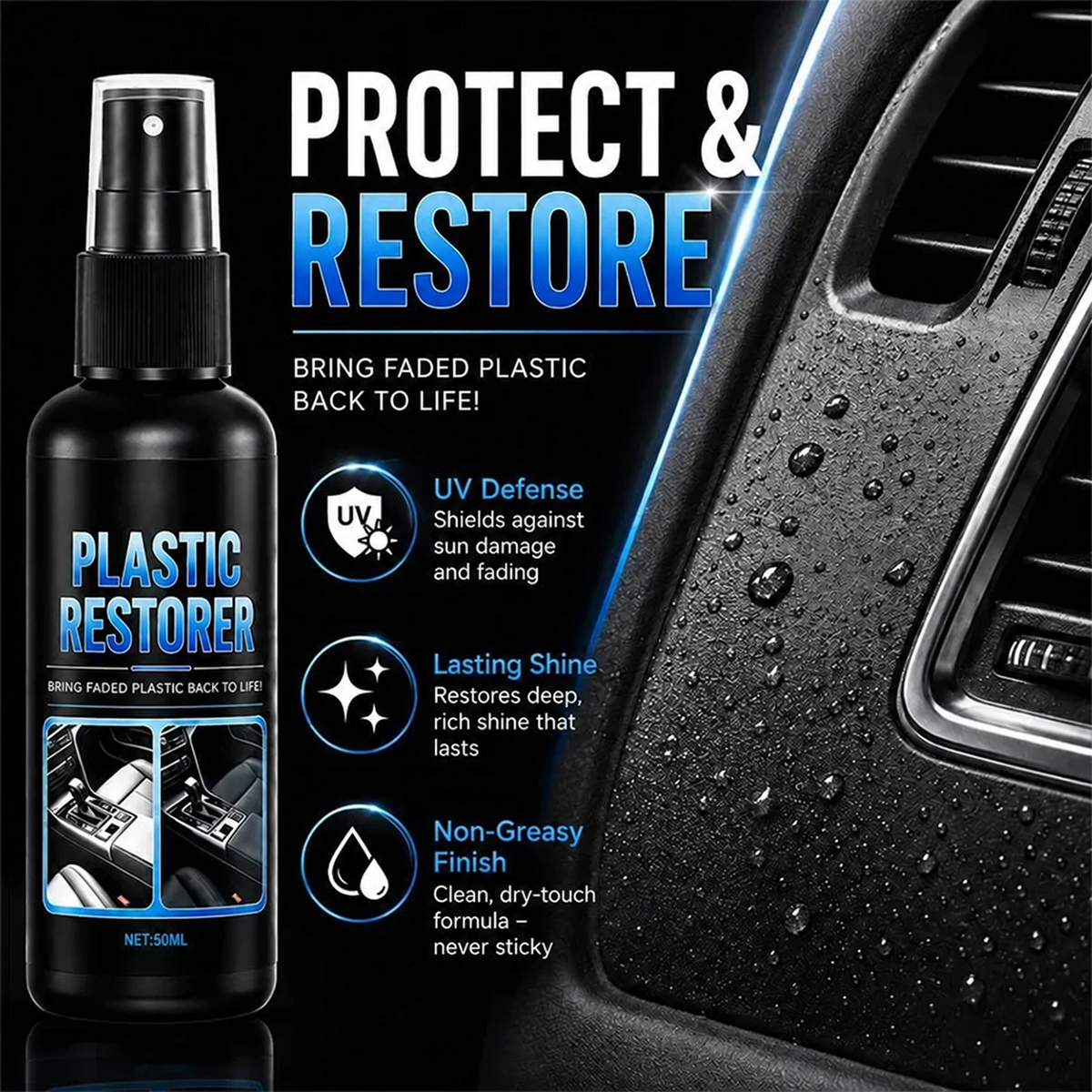 🚗 Car Plastic Restorer Spray | Deep-Look Refresh