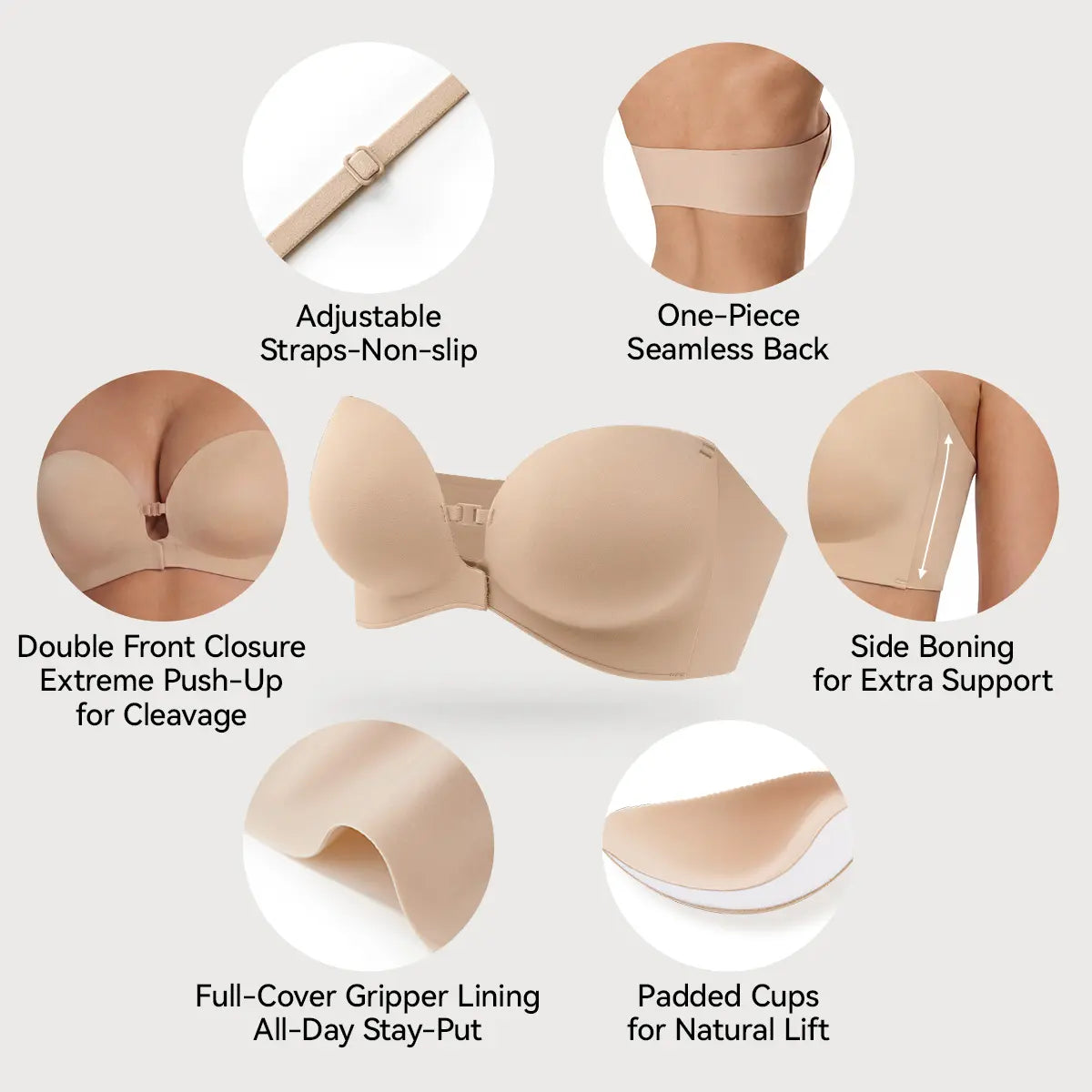 Womens Strapless Front Closure Push Up Bra – Padded Lift Add Cup, Non-Slip Grip Wireless Supportive Seamless Tube Bra for Comfortable Everyday Wear
