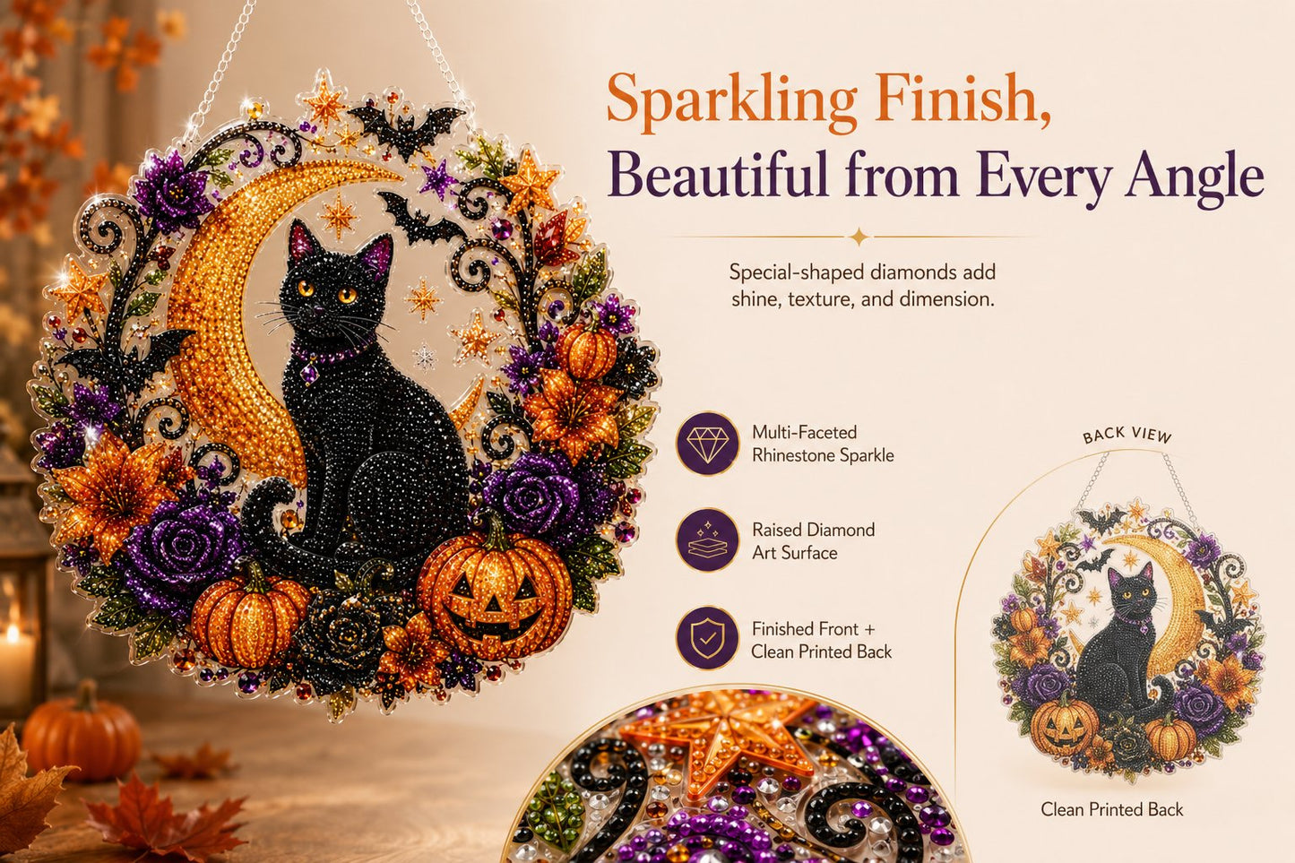 Black Cat Moon Diamond Art Hanging Ornament Kit – Relaxing DIY Halloween Craft
