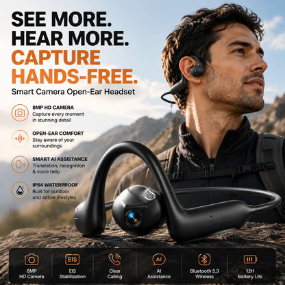🔥🎧 8MP Smart Camera Open-Ear Headset – POV Video, Calls & AI Assistance 🎥⛺