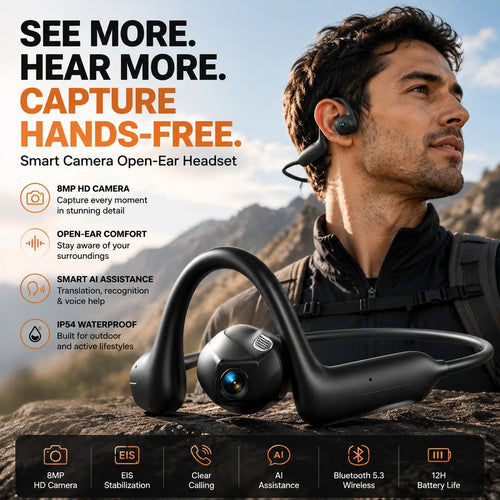 🔥🎧 8MP Smart Camera Open-Ear Headset – POV Video, Calls & AI Assistance 🎥⛺