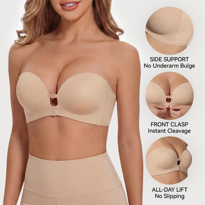 Womens Strapless Front Closure Push Up Bra – Padded Lift Add Cup, Non-Slip Grip Wireless Supportive Seamless Tube Bra for Comfortable Everyday Wear