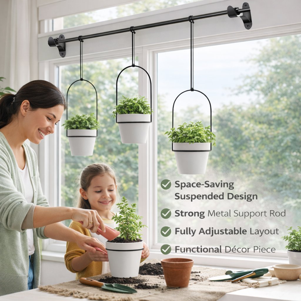 🌿 Adjustable Hanging Window Planter Set – Metal Plant Hanger with 3 Pots for Indoor & Outdoor Spaces