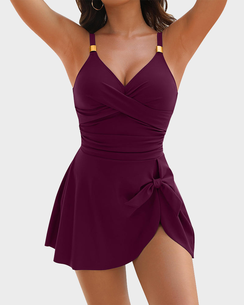 Deep V Knot Detail Skirted Swimsuit