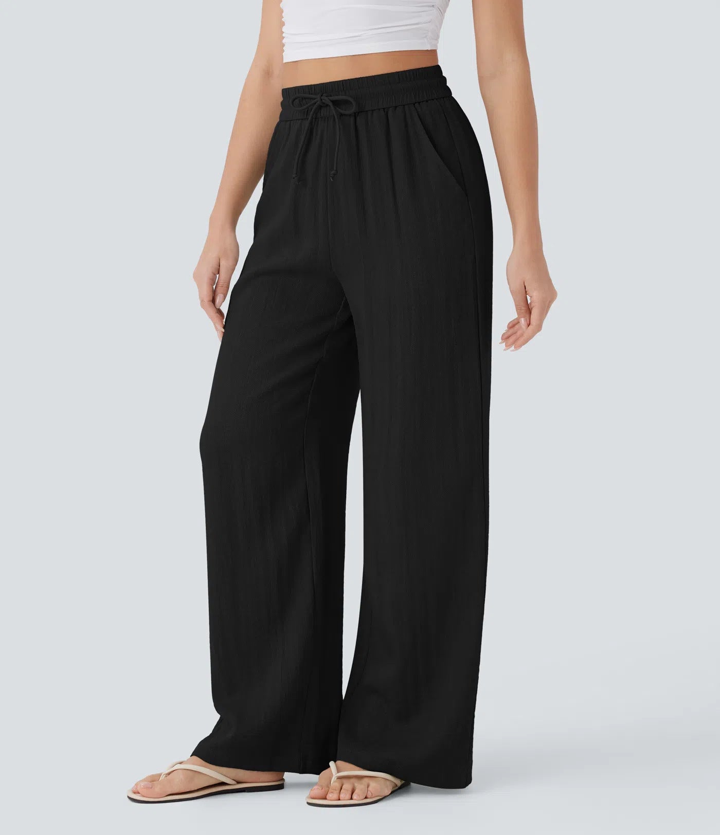 High Waisted Drawstring Wide Leg Casual Pants