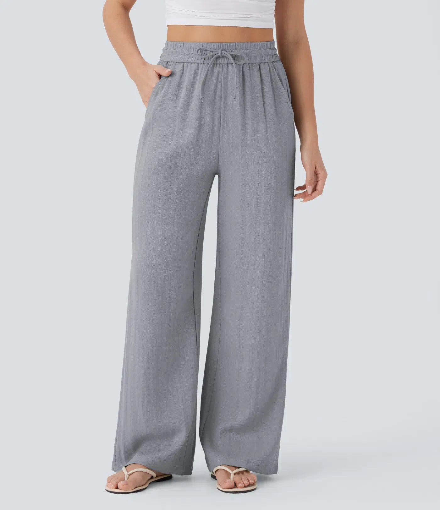 High Waisted Drawstring Wide Leg Casual Pants