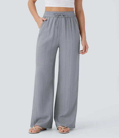 High Waisted Drawstring Wide Leg Casual Pants