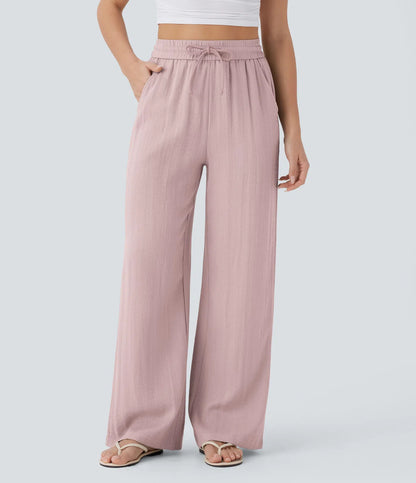 High Waisted Drawstring Wide Leg Casual Pants