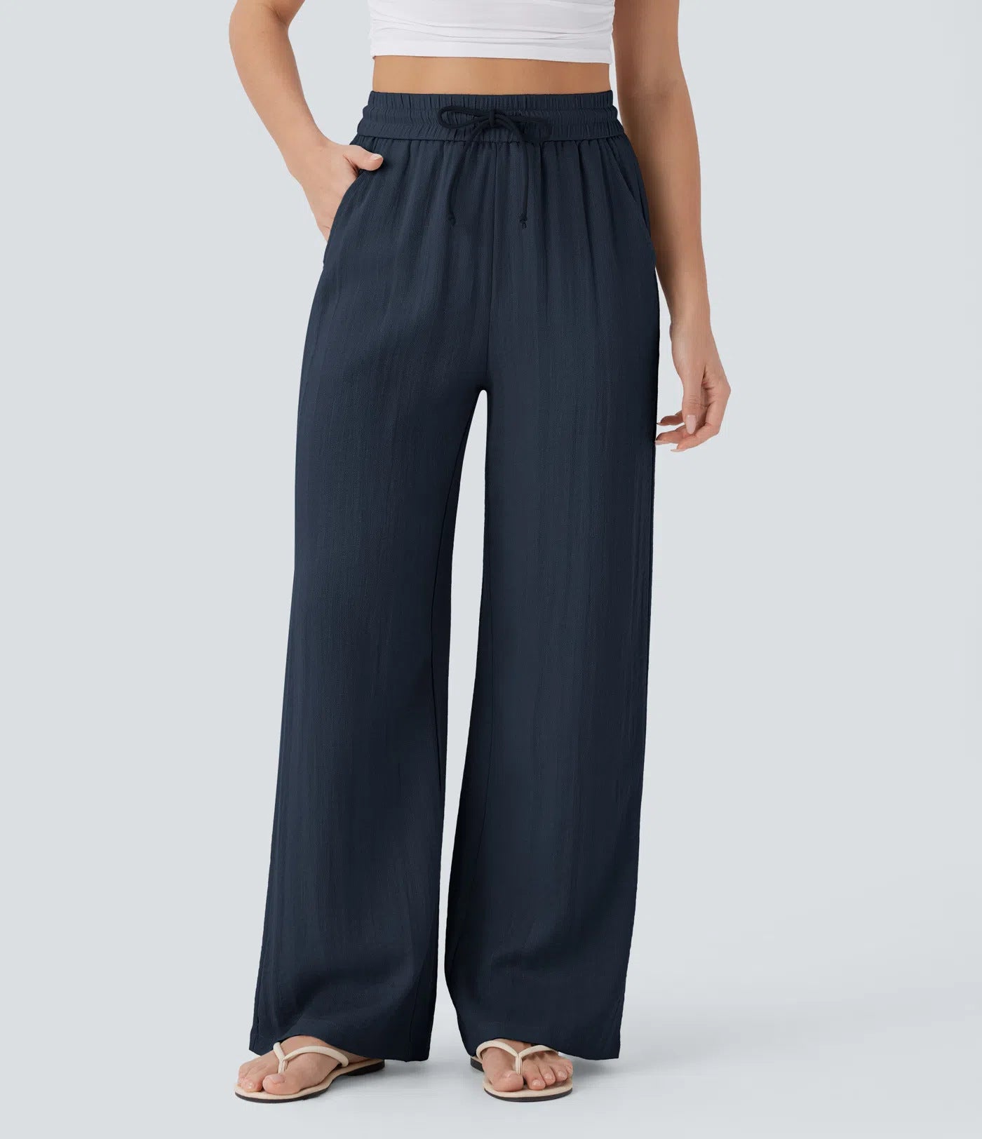 High Waisted Drawstring Wide Leg Casual Pants