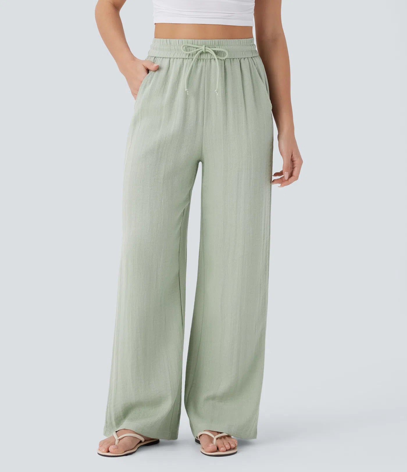 High Waisted Drawstring Wide Leg Casual Pants