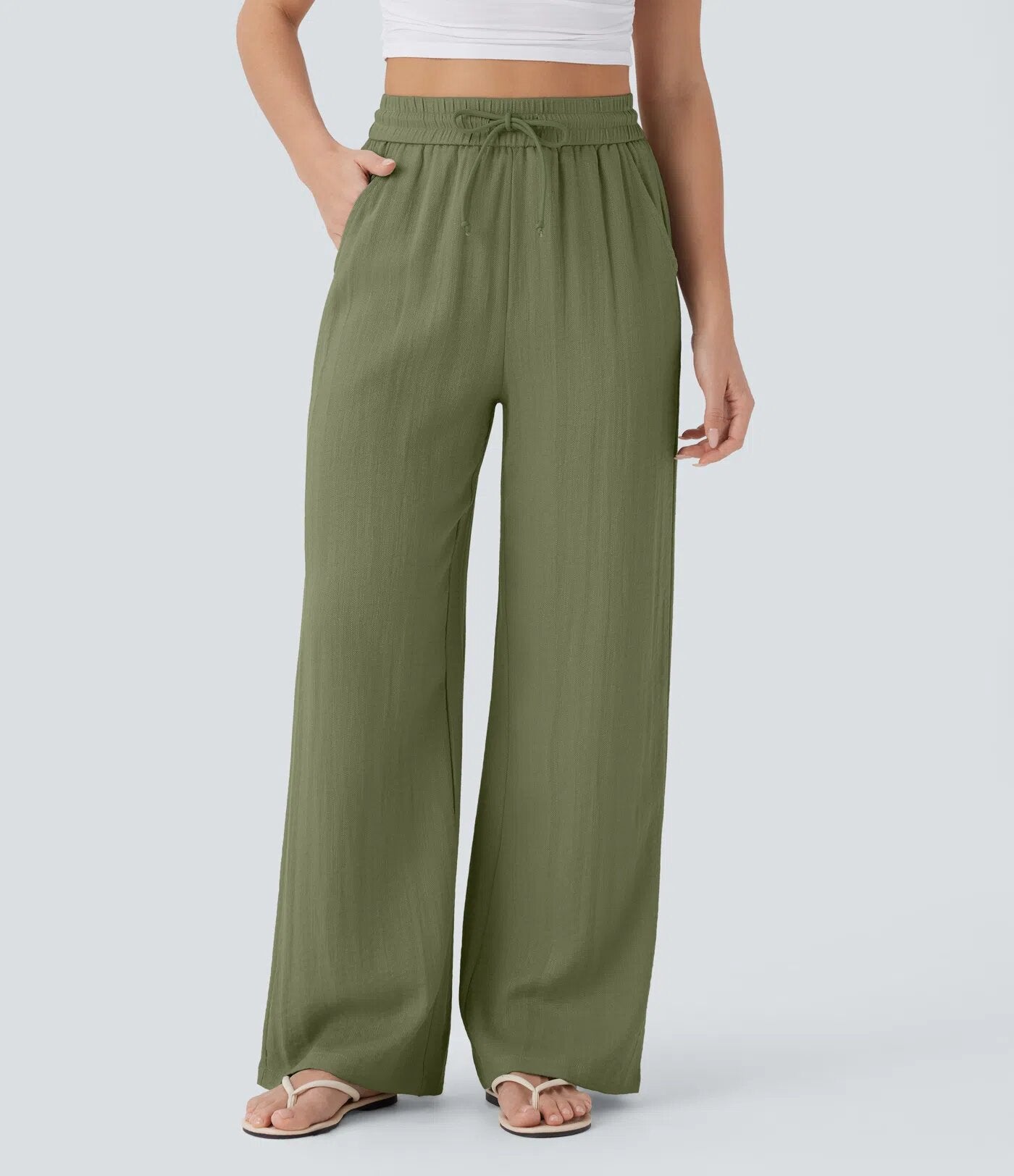 High Waisted Drawstring Wide Leg Casual Pants