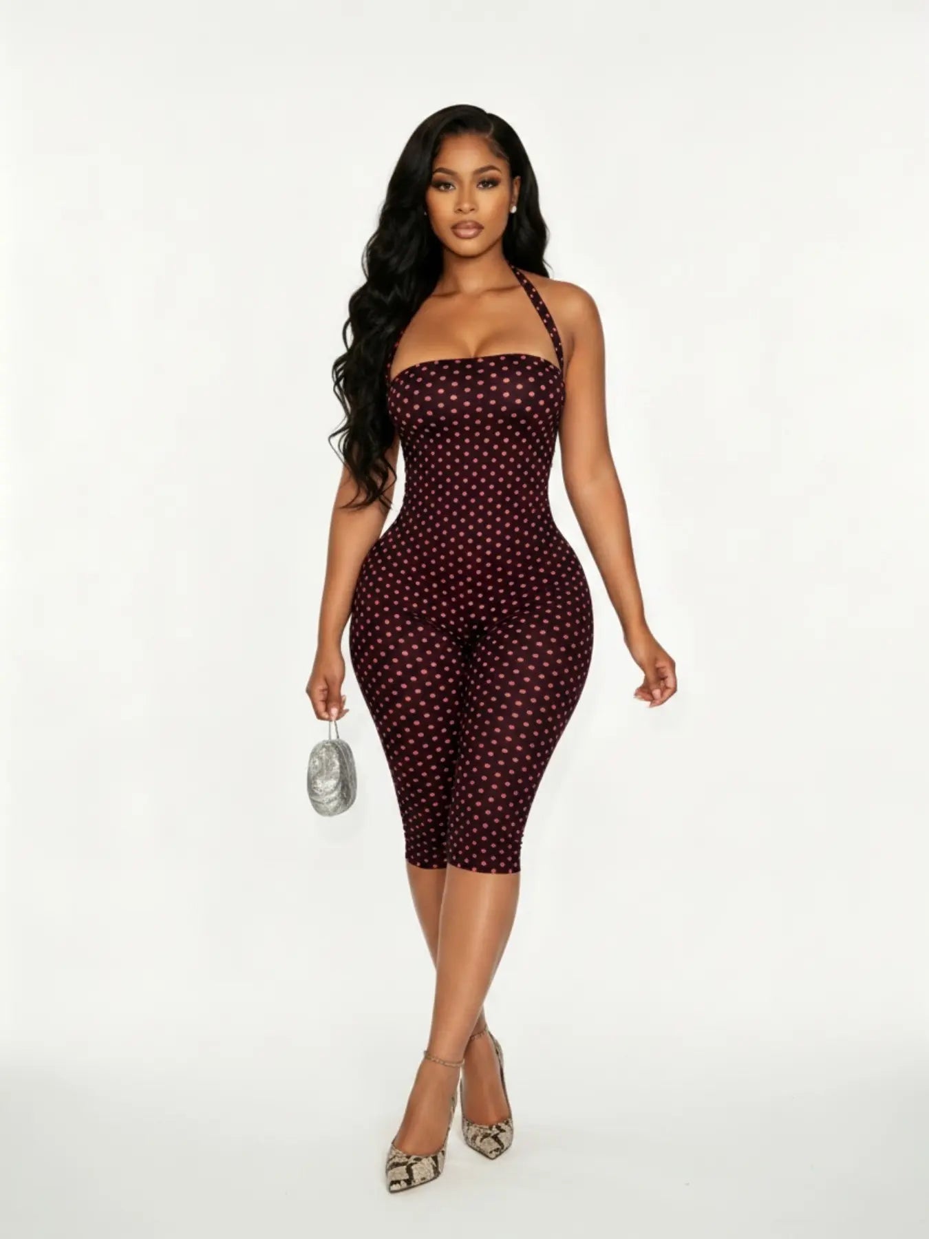 Women’s Polka Dot Halter Jumpsuit – Sleeveless Fitted One-Piece Outfit for Commutes & Date Nights