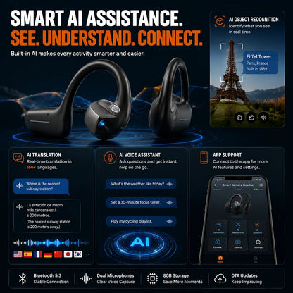 🔥🎧 8MP Smart Camera Open-Ear Headset – POV Video, Calls & AI Assistance 🎥⛺