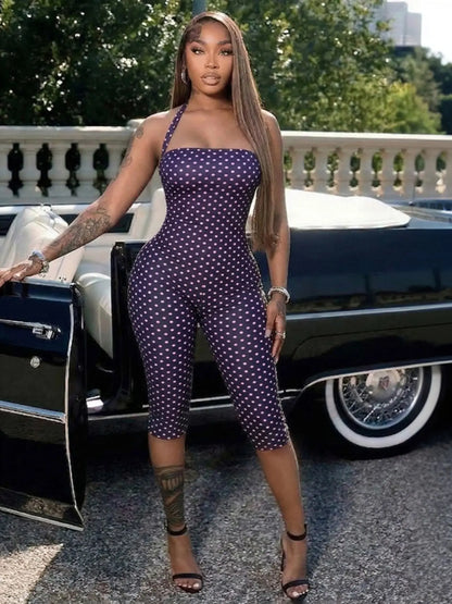 Women’s Polka Dot Halter Jumpsuit – Sleeveless Fitted One-Piece Outfit for Commutes & Date Nights