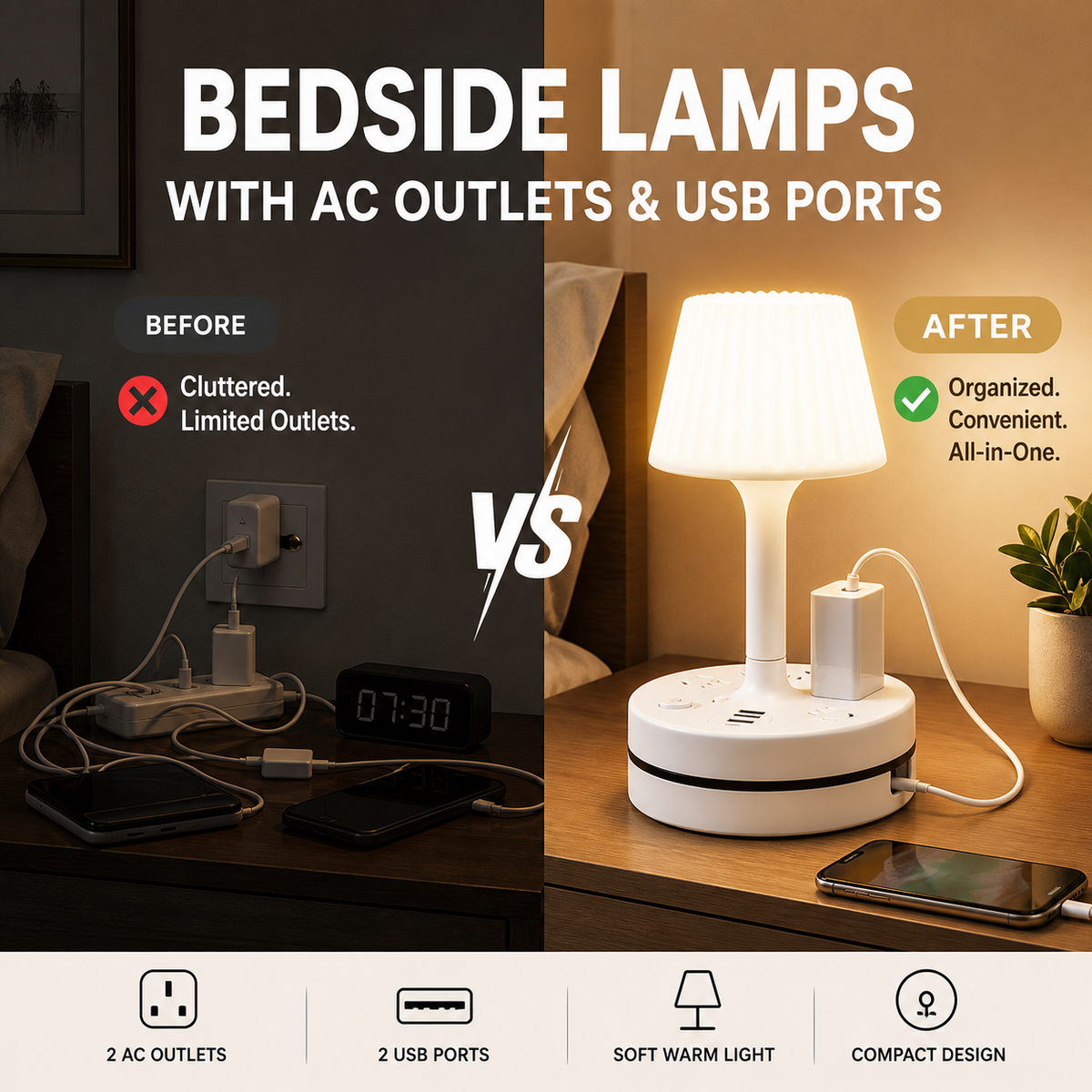 💡 LED Bedside Lamp with Charging Station – Light & Charge in One🔌