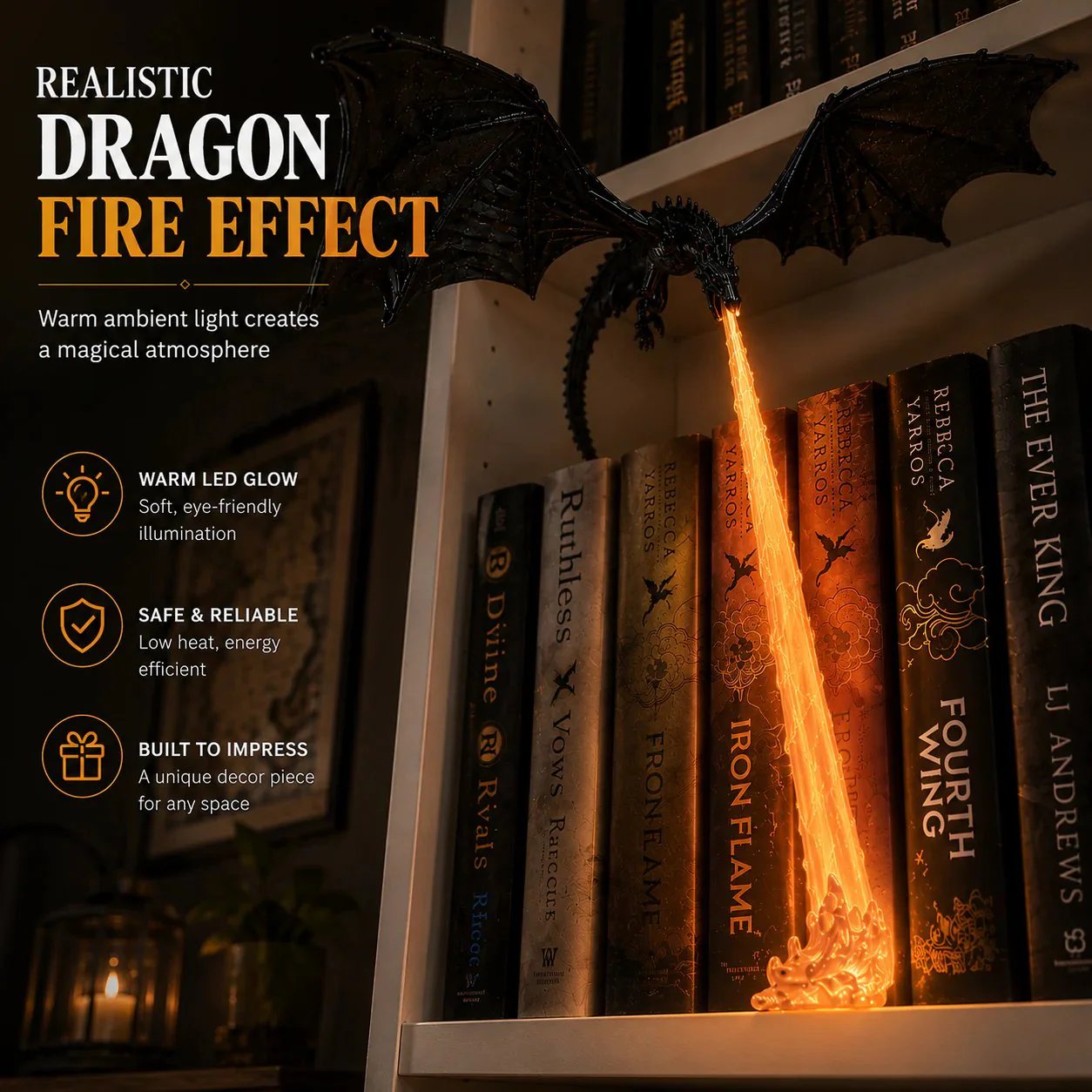 🐉 Fire-Breathing Dragon Bookshelf Decor Lamp
