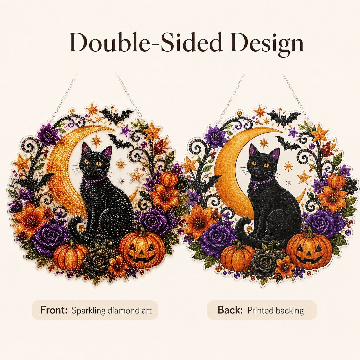 Black Cat Moon Diamond Art Hanging Ornament Kit – Relaxing DIY Halloween Craft