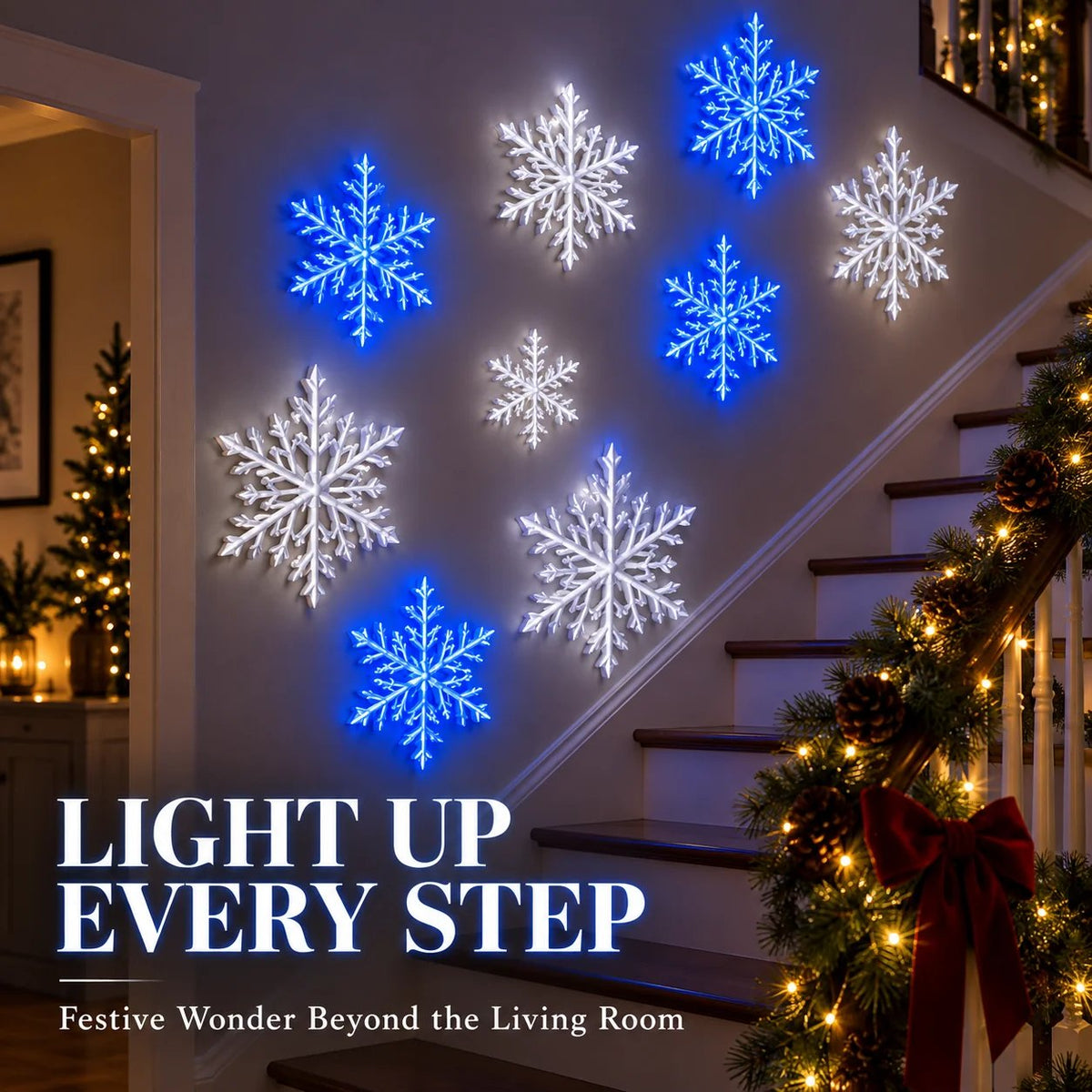 ❄️ 3D LED Snowflake Wall Lights – Remote Control Christmas Décor with Blue & White Glow for Cozy Indoor Holiday Nights✨