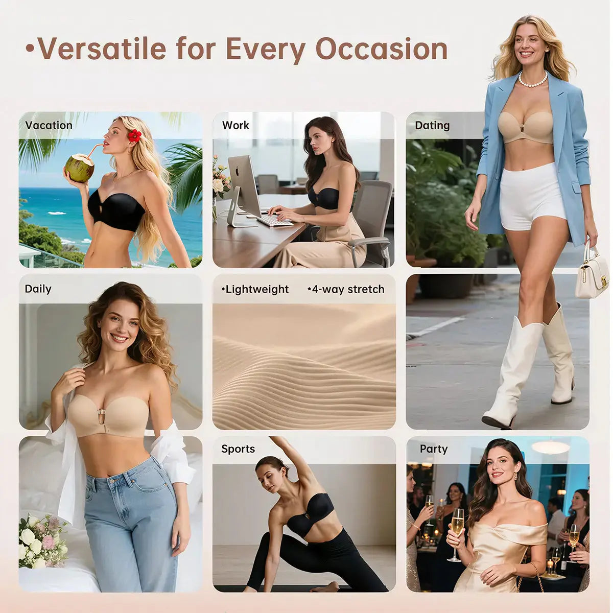 Womens Strapless Front Closure Push Up Bra – Padded Lift Add Cup, Non-Slip Grip Wireless Supportive Seamless Tube Bra for Comfortable Everyday Wear